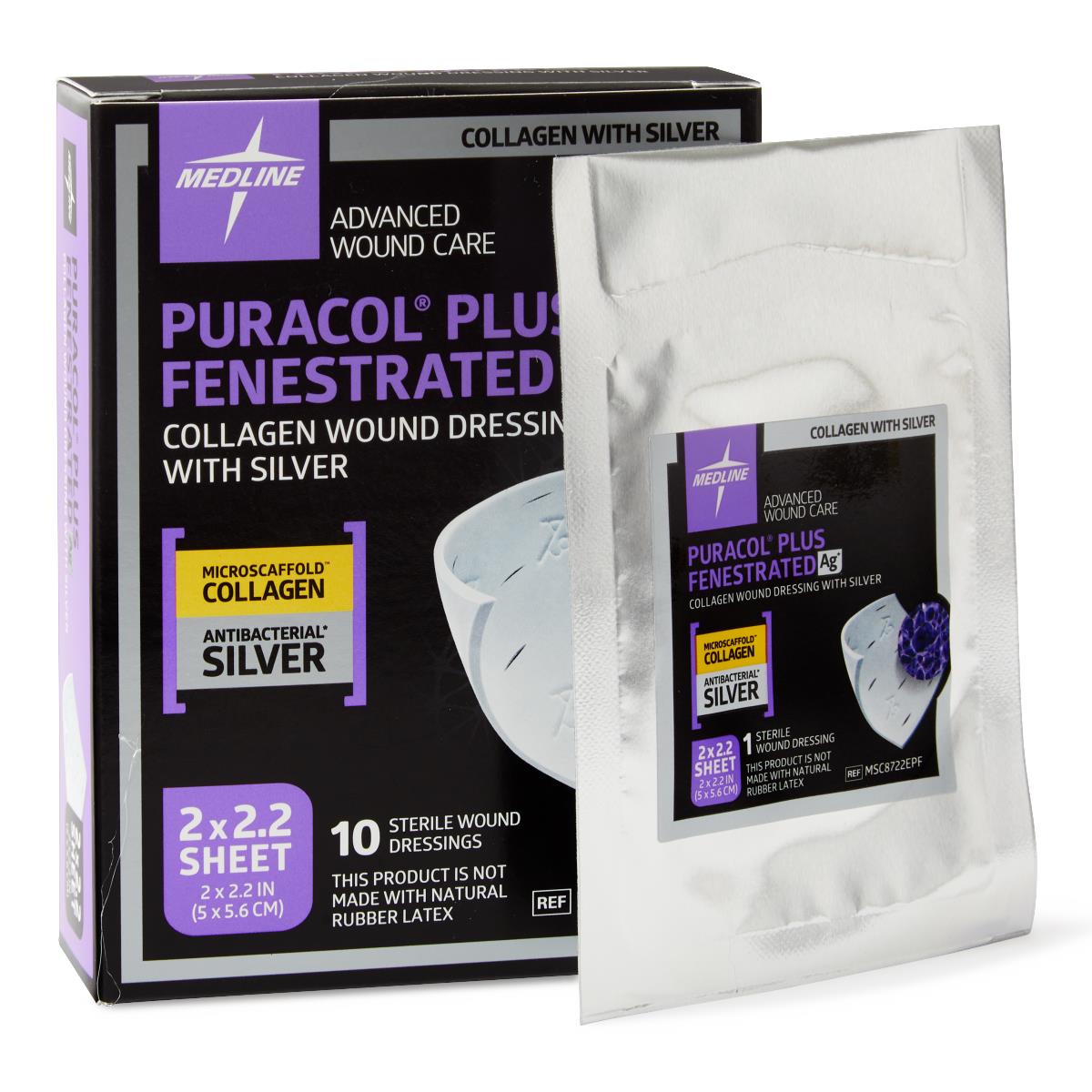 Puracol Plus Ag+ Collagen Dressing w/Silver, 2" x 2.25" Fenestrated MSC8722EPFZ 10/bx
