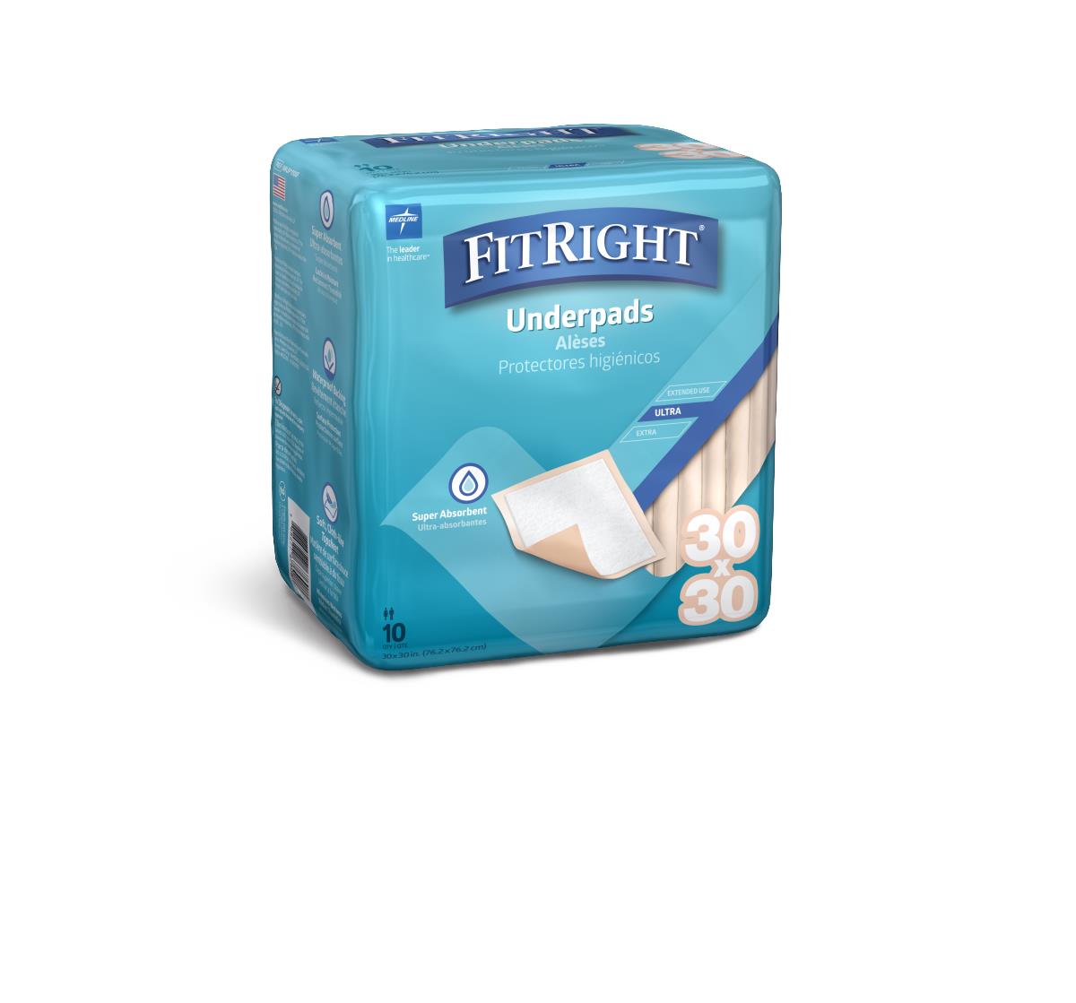 Medline FitRight Underpads 30" x 30" 10/bg MUP1000FZ