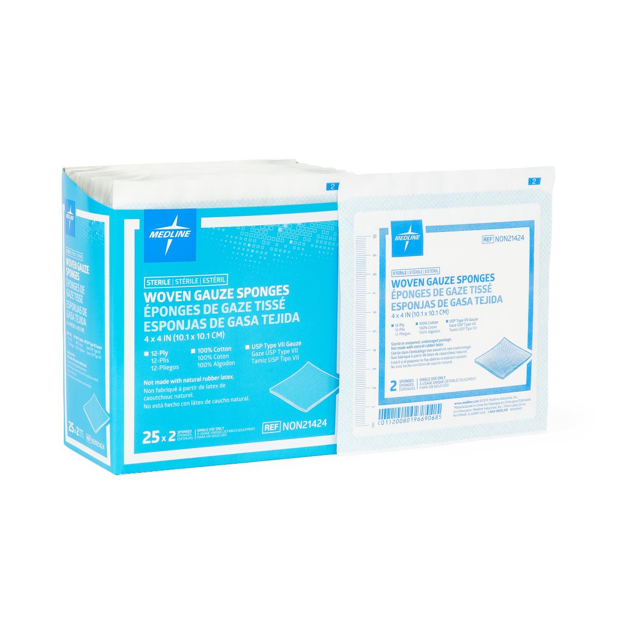 Medline Sterile Woven Gauze Sponges, 12-Ply, 4" x 4" 50/bx NON21424H