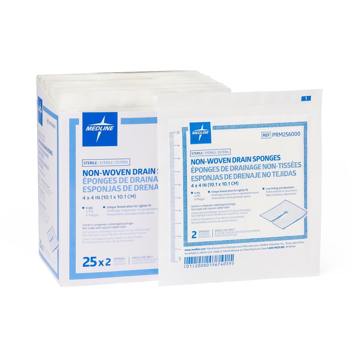 Medline 6-ply 4x4 Nonwoven Gauze Drain Sponge 50/pk PRM256000H
