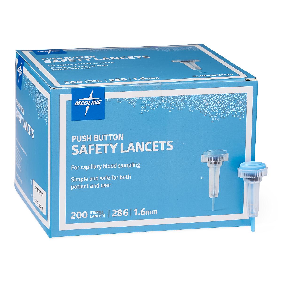 28 guage 1.6mm depth push button safety lancet, bx/200 MPHSAFETY28Z