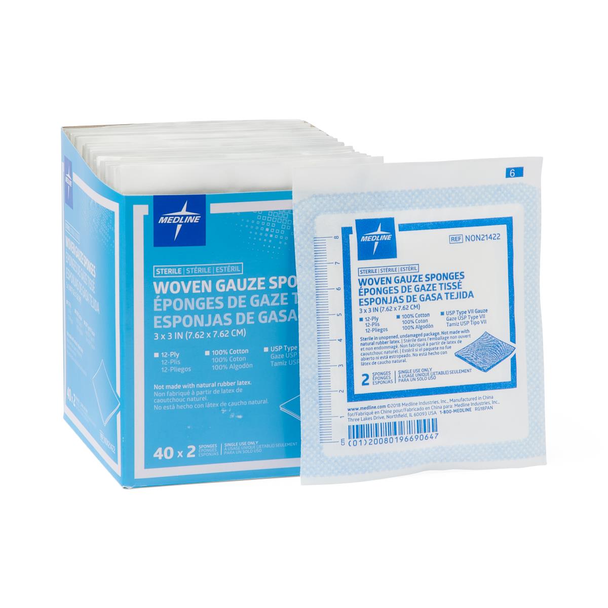 Medline Sterile Woven Gauze Sponges, 12-Ply, 3" x 3" 80/bx NON21422H