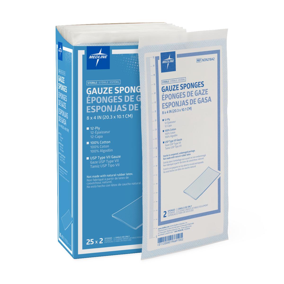 Medline Sterile Woven Gauze Sponges, 12-Ply, 8" x 4" 50/bx NON21842Z
