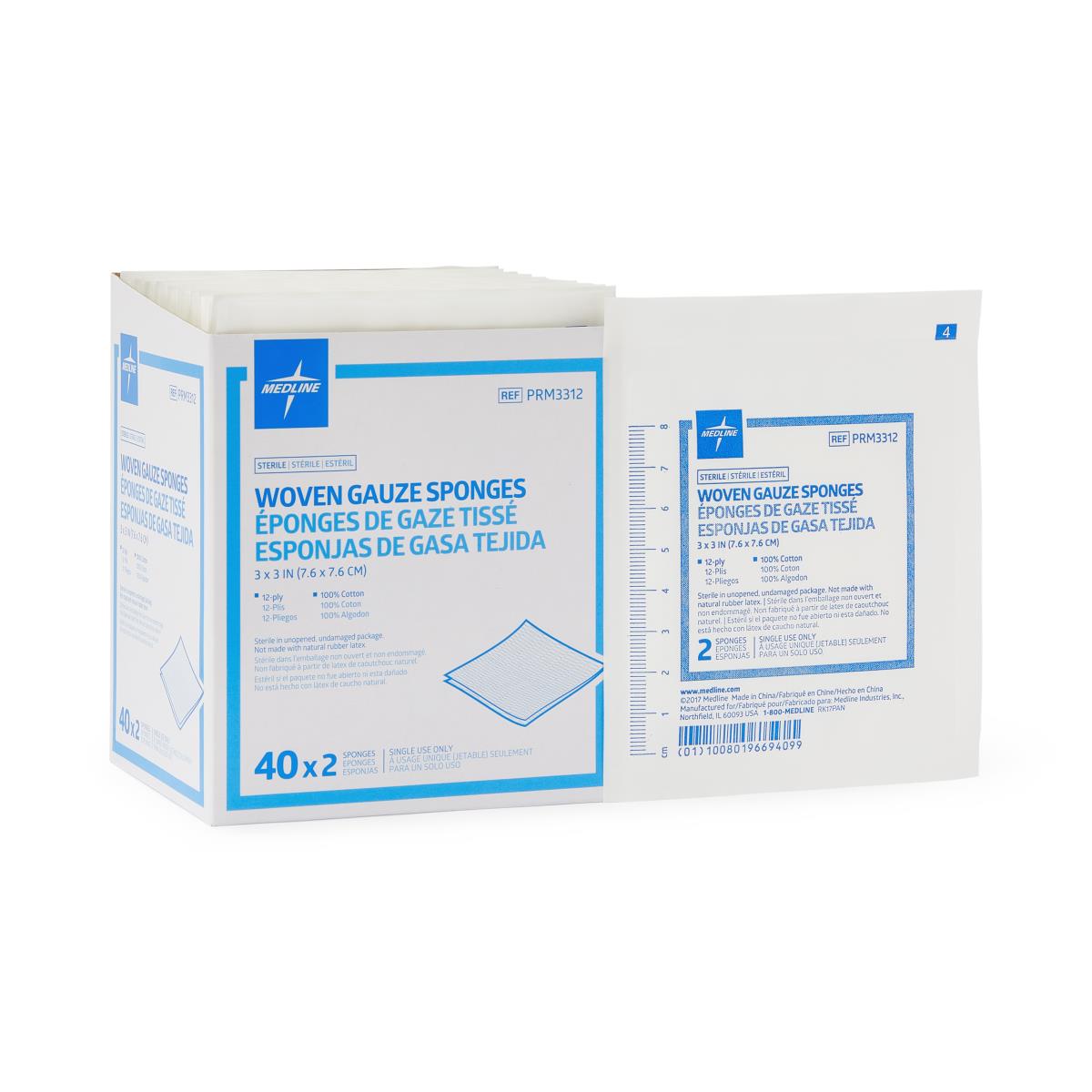 Medline Sterile Woven Gauze Sponges, 12-Ply, 3" x 3" 80/bx PRM3312Z