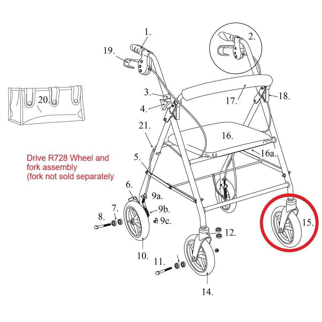 Drive R728 Series Rollator Front Wheel and Fork Assembly, 9502M72801