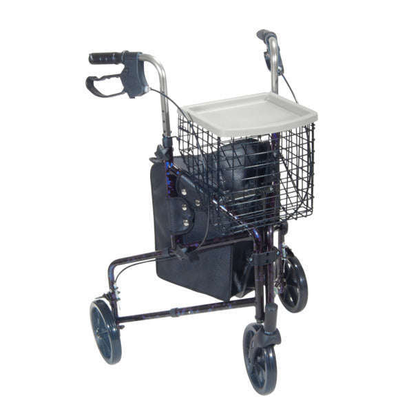 Drive Medical 10289BL 3 Wheel Walker Rollator with Basket Tray and Pouch, Flame Blue