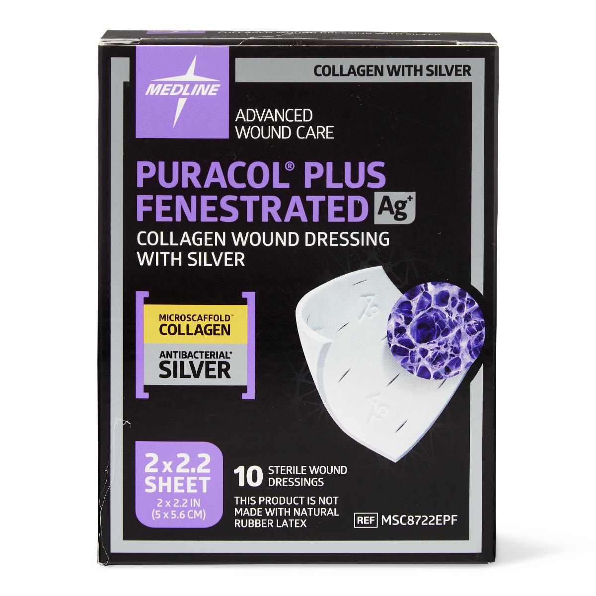 Puracol Plus Ag+ Collagen Dressing w/Silver, 2" x 2.25" Fenestrated MSC8722EPFZ 10/bx