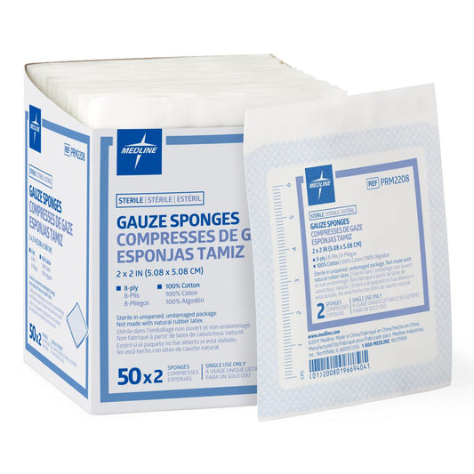 Medline Sterile Woven Gauze Sponges, 8-Ply, 2" x 2" 100/bx PRM2208Z