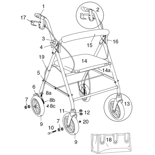 Replacement parts list for Drive Medical R800 series rollator