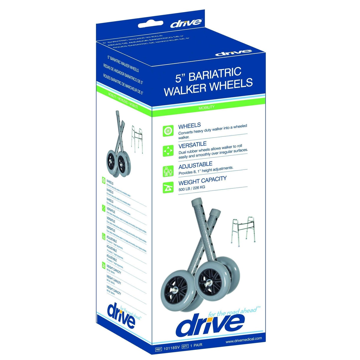 Drive 5" Bariatric Walker Wheels with Two Sets of Rear Glides, 10118SV