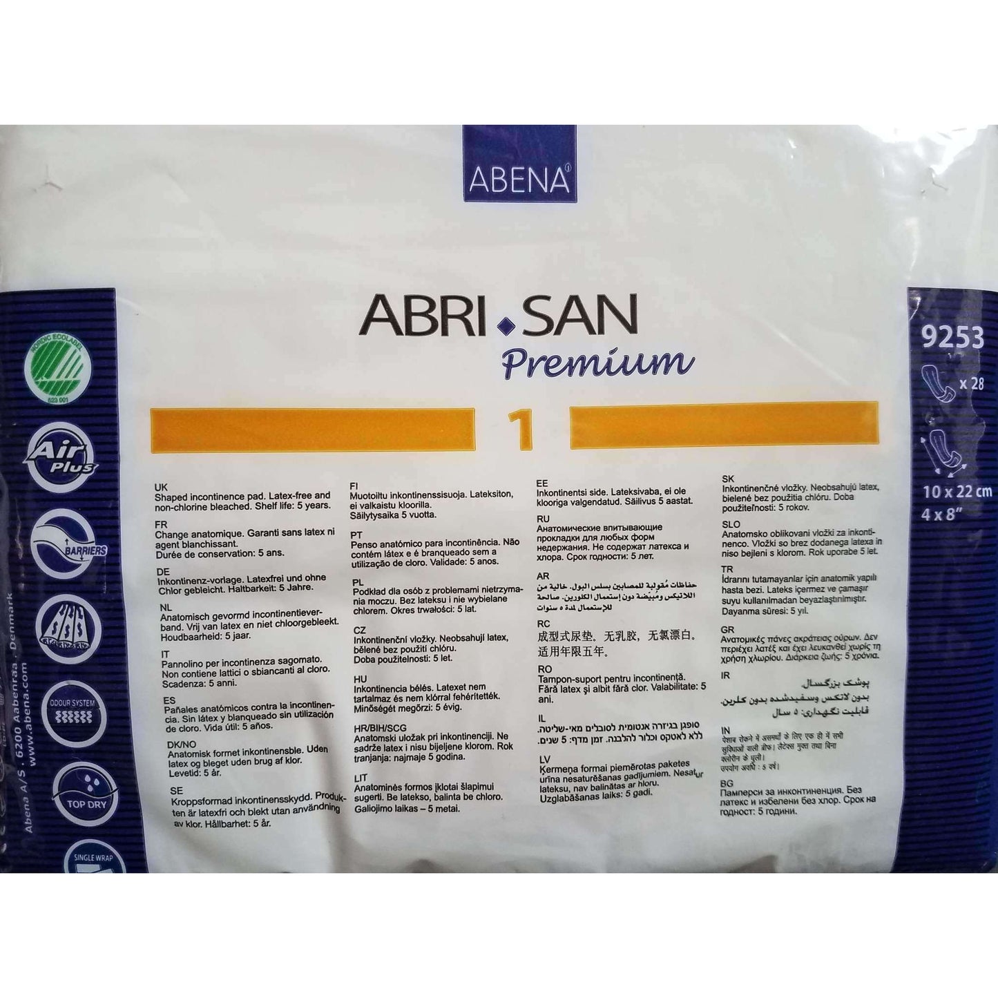 Abena 9253 Abri-San 1 Premium 4x8in absorbent pad, 200ml cs/280