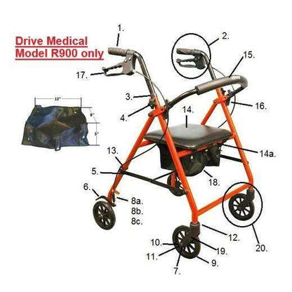 Replacement parts list for the Drive Medical R900 series rollator