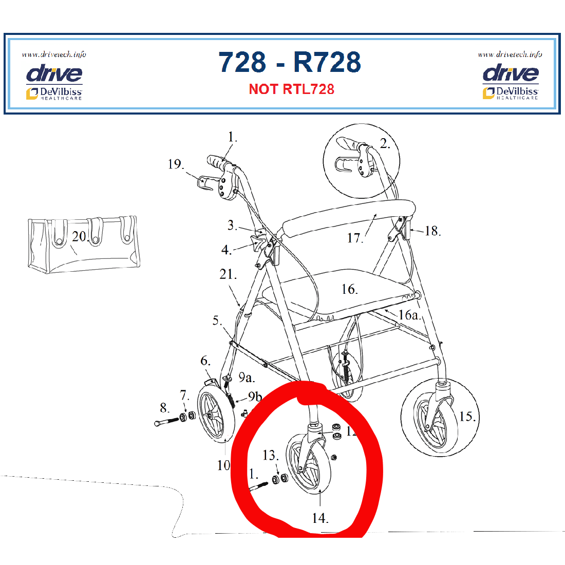 Drive R728 Series Rollator Front Wheel, 9501S72800-01