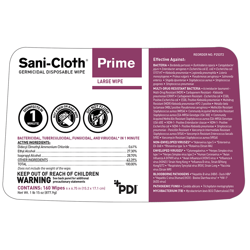 PDI Sani-Cloth Prime 6"x6.75" Alcohol Disinfectant Wipe P25372 tub/160