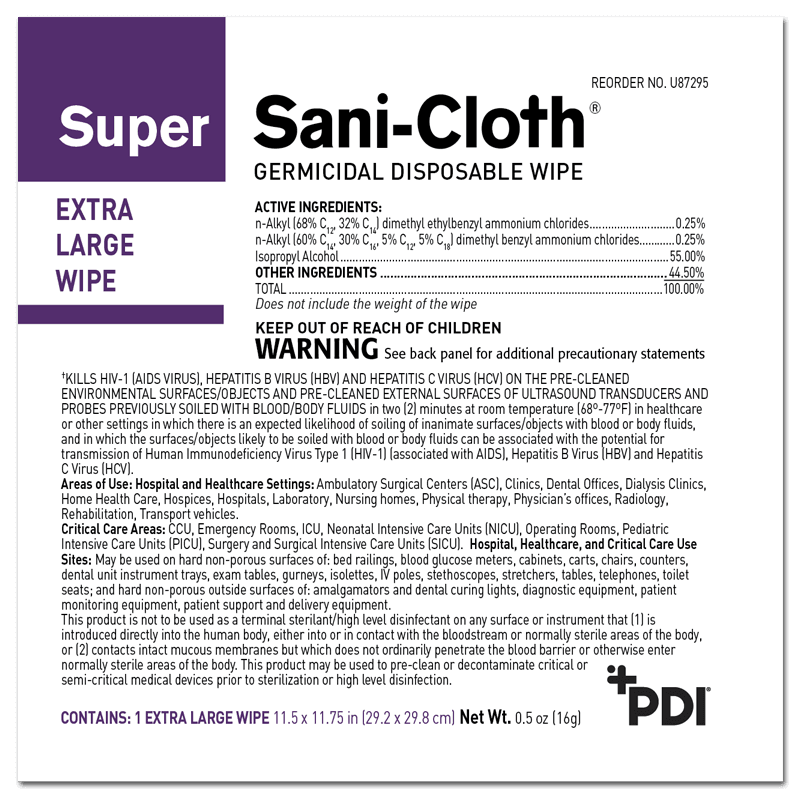PDI U87295 Super Sani-Cloth XL Individual Packet Disinfectant Wipe 50/bx