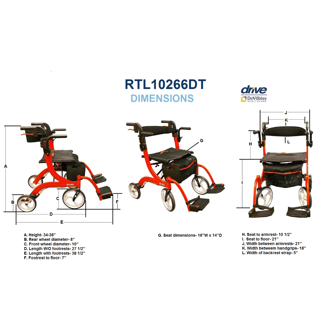 Drive Medical Nitro Duet Dual Function Transport Wheelchair and Rollator Rolling Walker, Red rtl10266dt