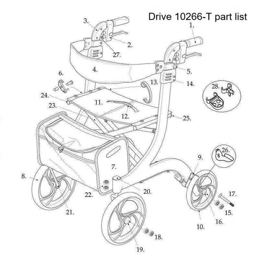 Replacement parts list for the Drive 10266T Tall Nitro Rollator